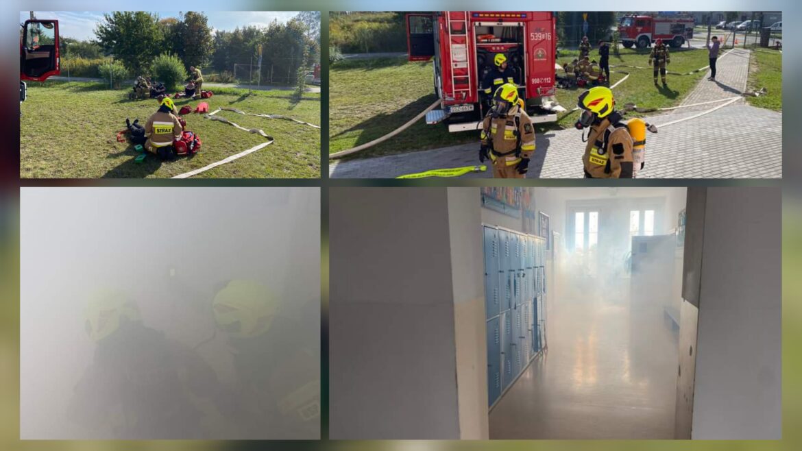 Ewakuacja Szkoły Podstawowej w Mikołajkach Ćwiczenia straży pożarnej