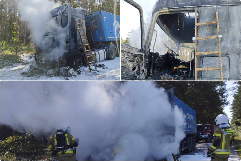 Pożar ciągnika siodłowego na drodze Sztumskie Pole- Uśnice. Trwa akcja strażaków.